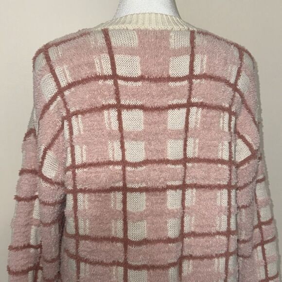 Lauren Conrad L Ivory Mauve Pink Plaid Cozy Chenille Knit Cardigan Sweater - Picture 4 of 11